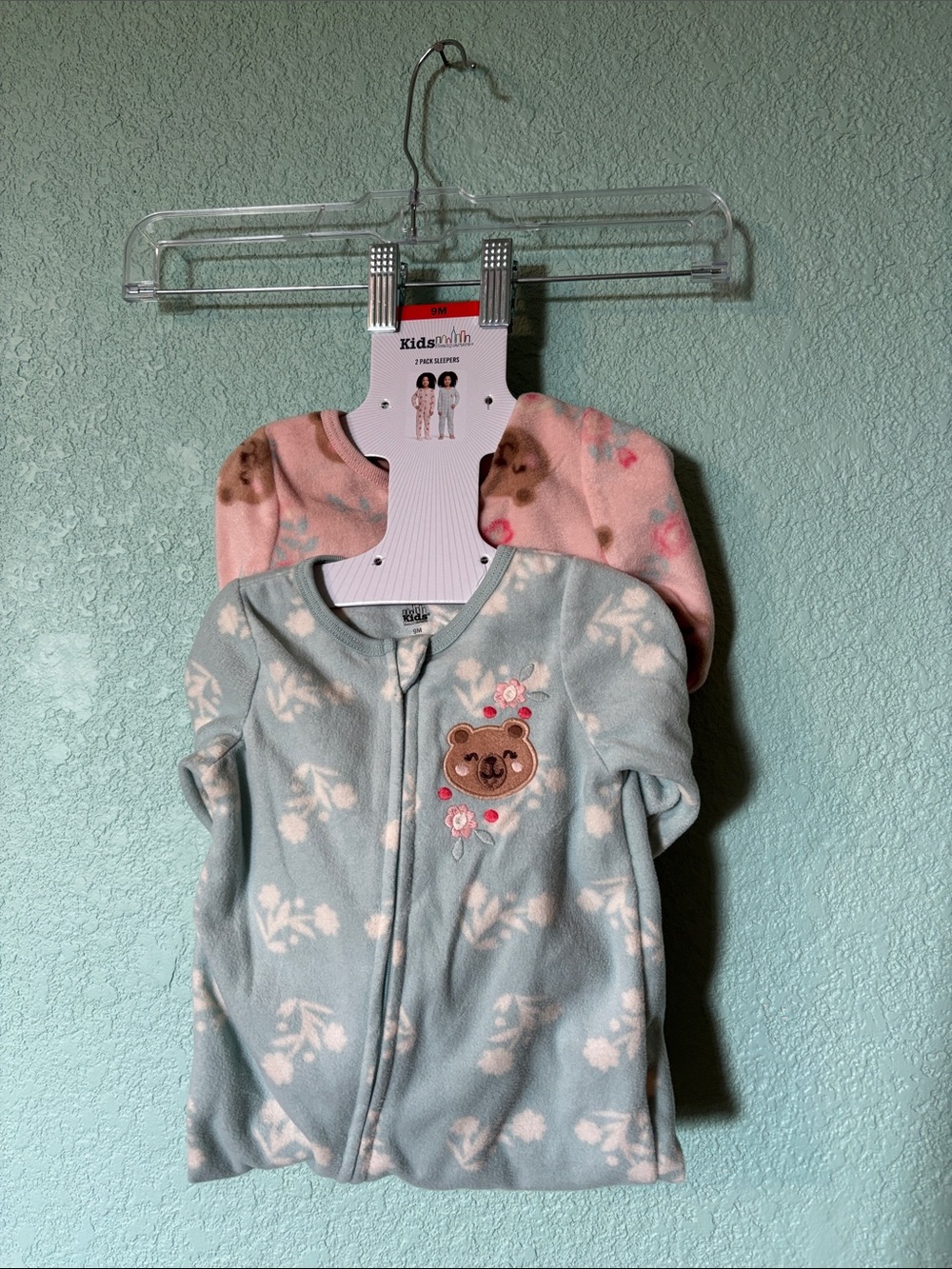 Kids Headquarters 2 pack blue pink bear footed fleece pajamas Baby Girl 9 m NWT